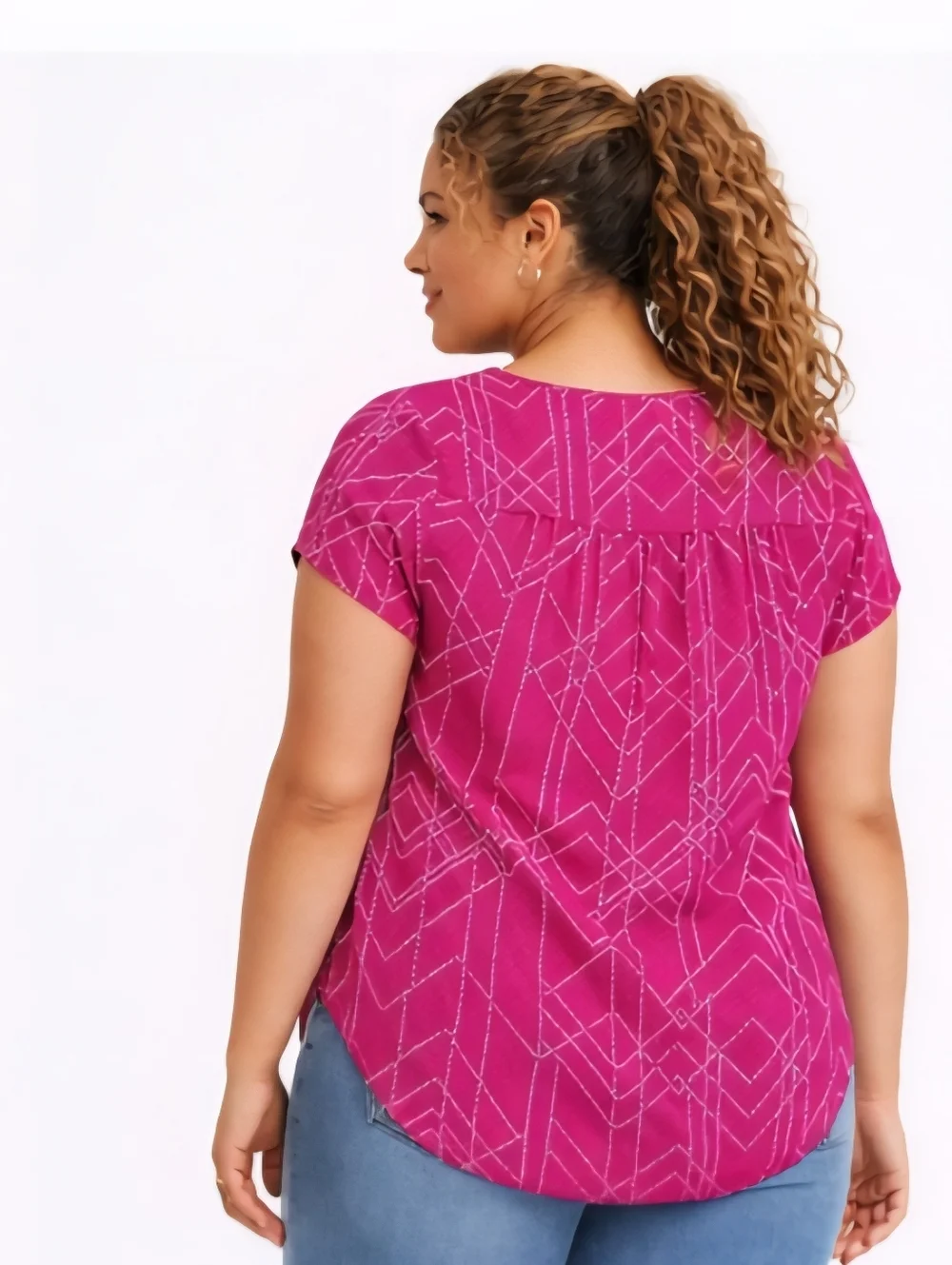 Torrid Fuchsia & White Geometric Polka Dot Print Flutter Sleeve Top Plus Size 5X - Picture 2 of 9
